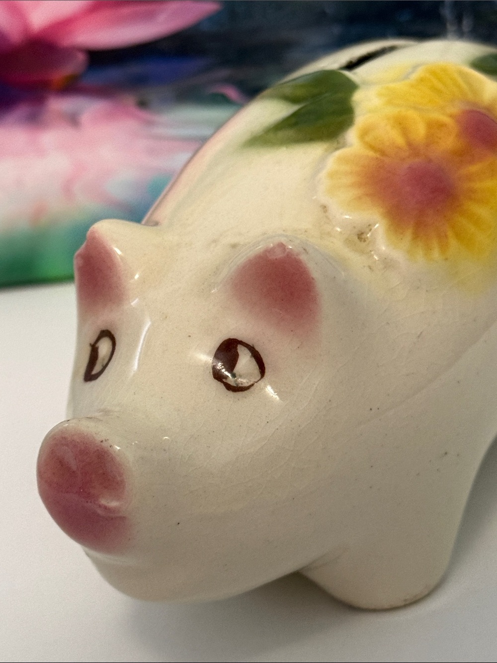 Vintage Ceramic Piggy Bank with Hand-Painted Flower
